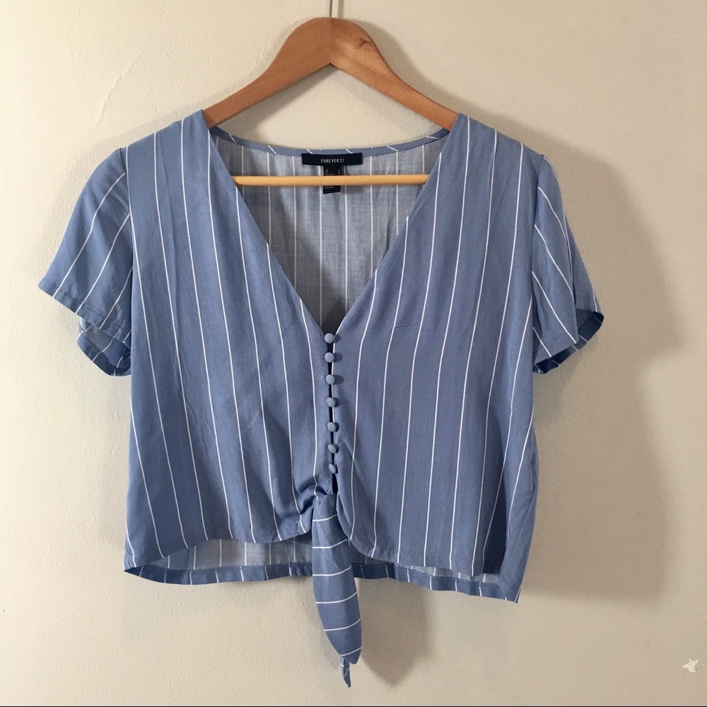 blue and white stripe button-down crop top
